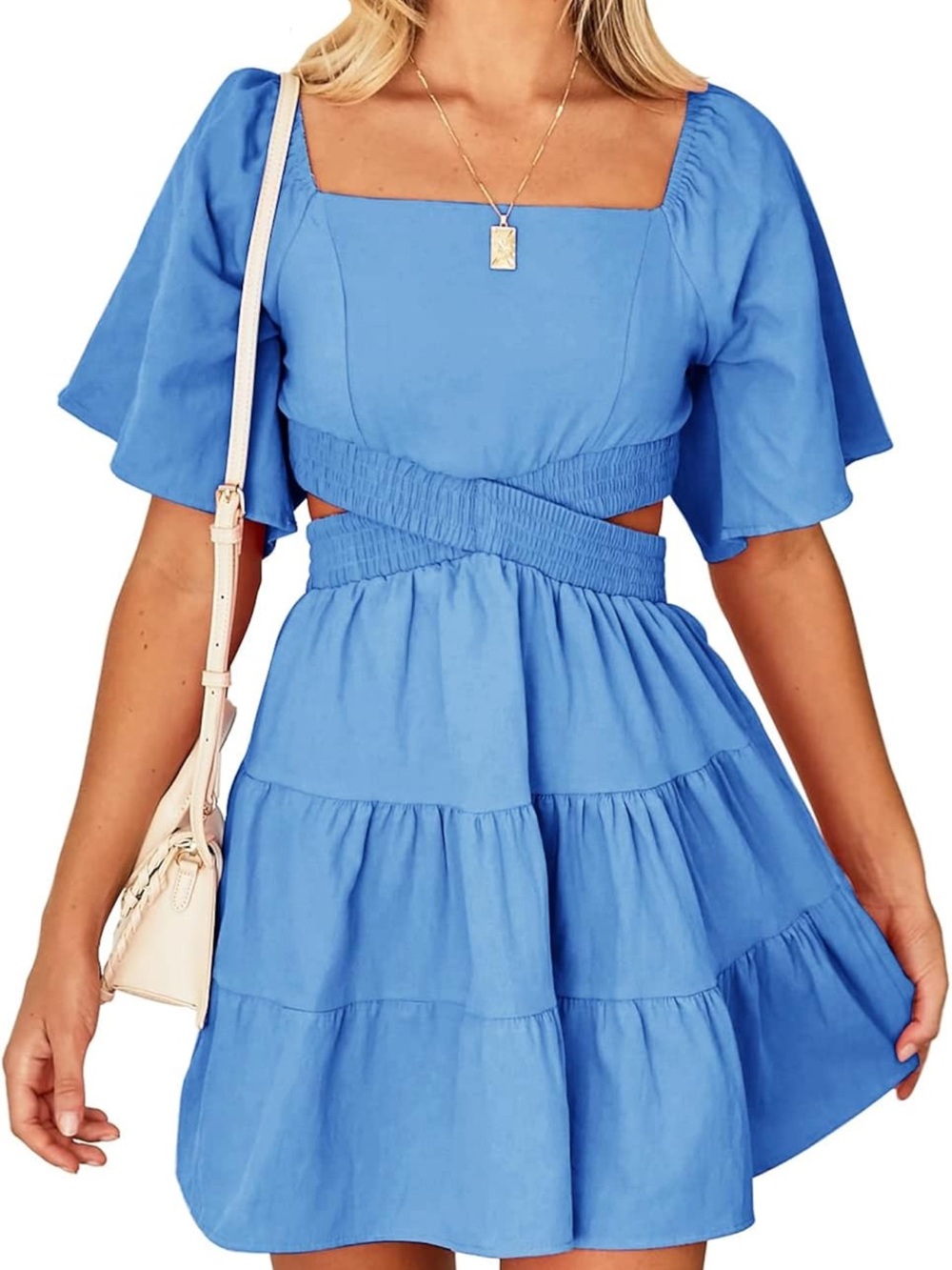 Sky Blue Tiered Mini Dress with Puff Sleeves
